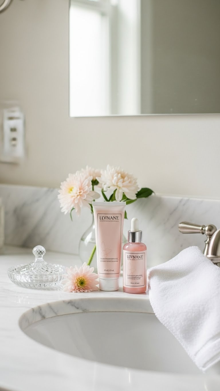 Luxury hand cream and serum elegantly arranged on marble bathroom countertop