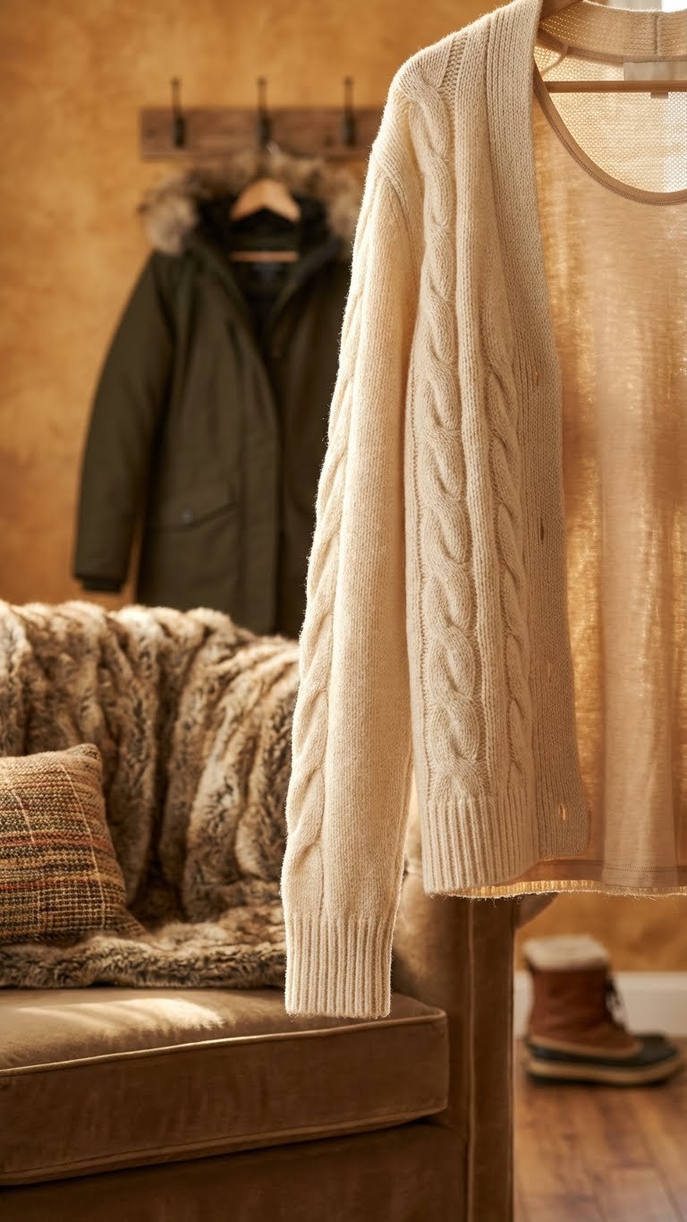 Luxury layered outfit for sub-zero: chunky cashmere cardigan over silk thermal, with down parka and faux fur, in a warm room.