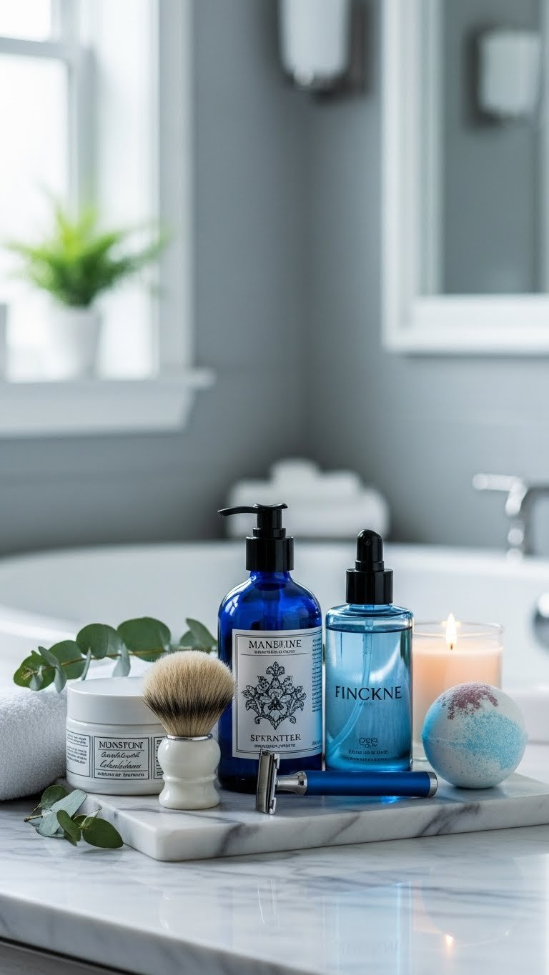 Luxury male grooming kit with shaving products arranged on marble countertop