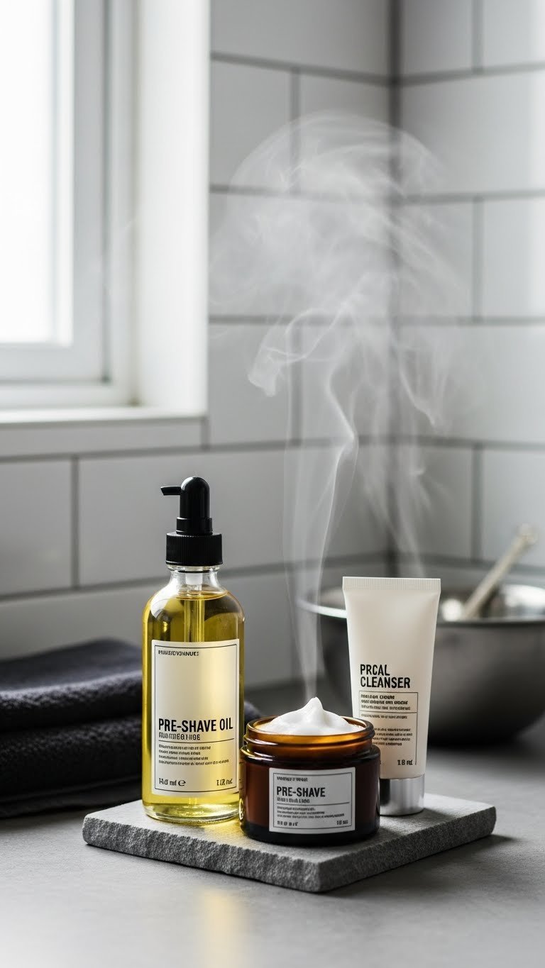 Luxury men's pre-shave products featuring glass oil bottle and cream bowl on gray stone countertop