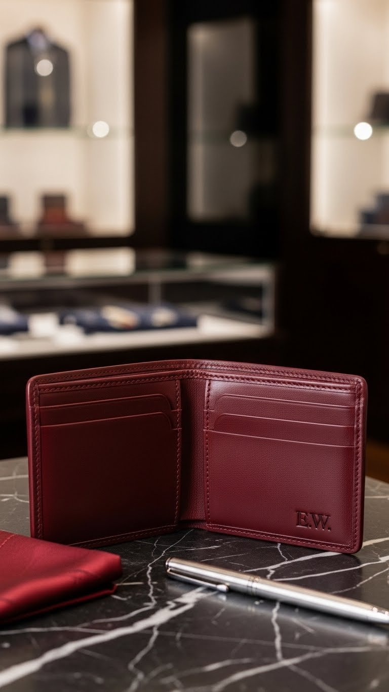 Luxury oxblood-red full-grain leather bifold wallet with debossed initials EW on polished dark marble surface