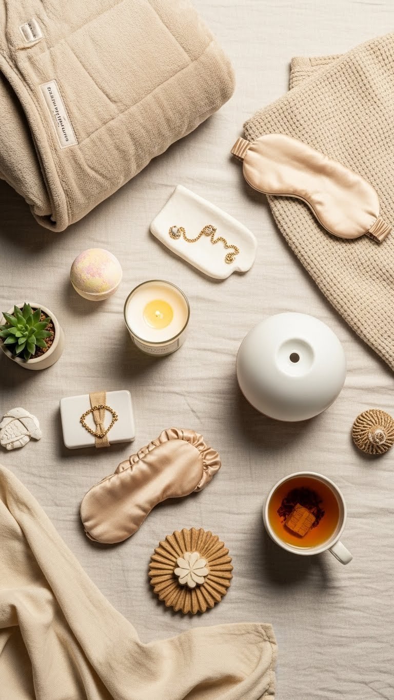 Luxury self-care essentials including weighted blanket and candles arranged on soft linen with serene lighting