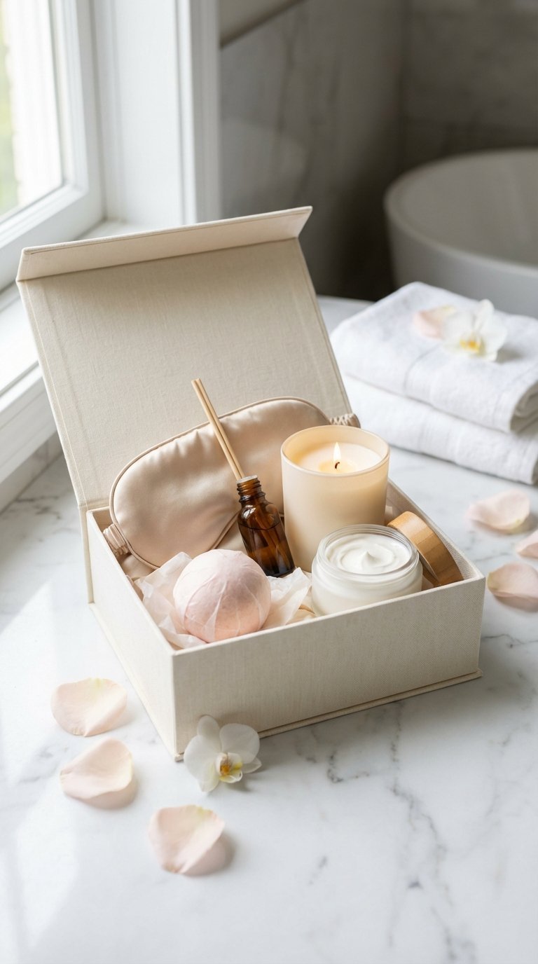 Luxury self-care gift box featuring silk eye mask, essential oils, bath bomb, and scented candle arranged on marble countertop