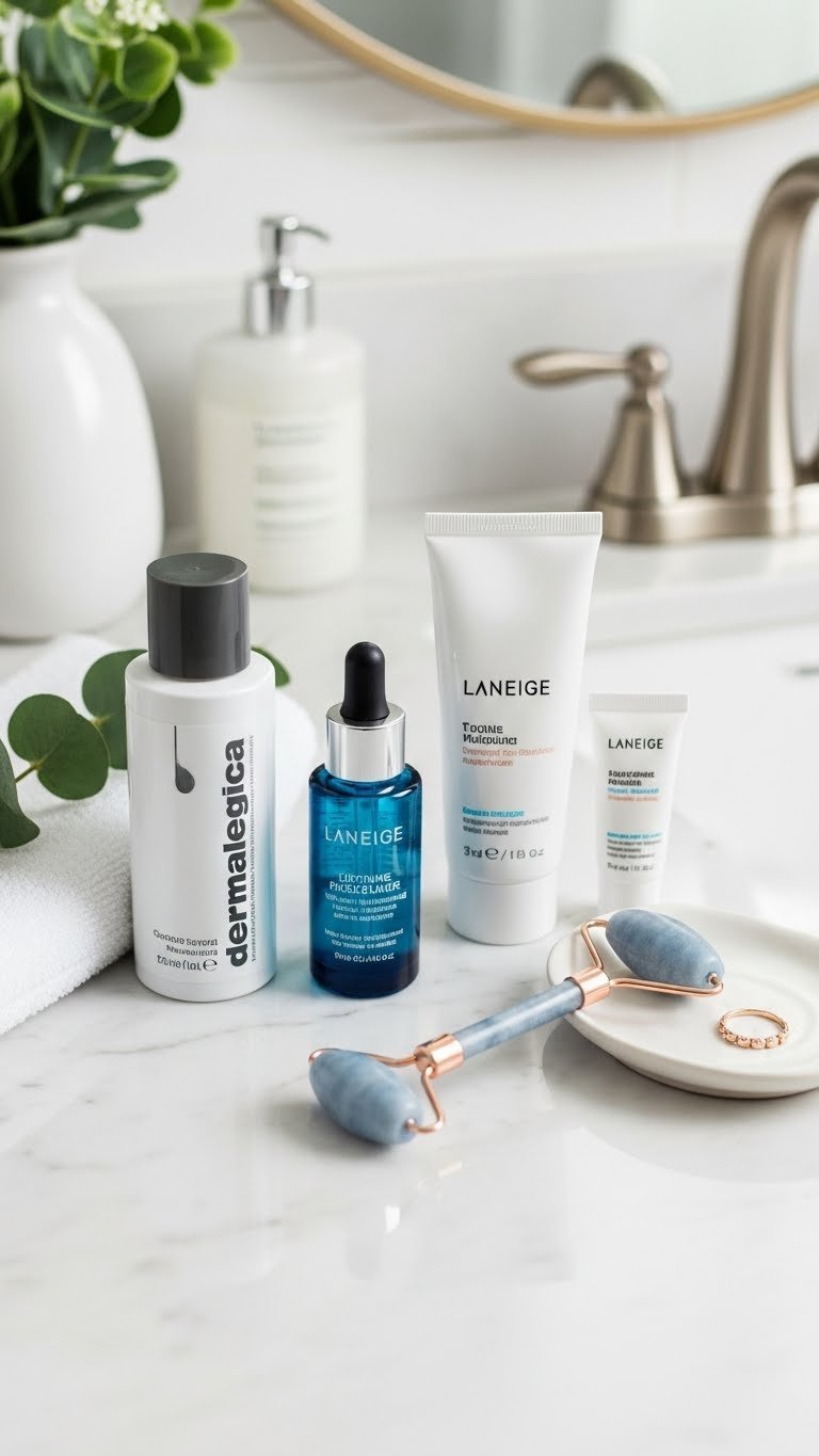 Luxury skincare products arranged artfully on white marble surface with facial roller and eucalyptus accents