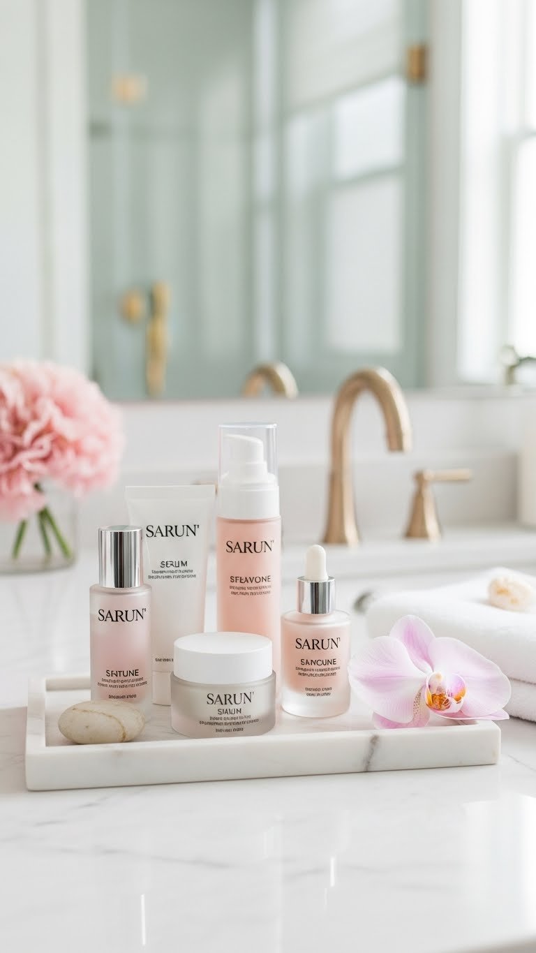 Luxury skincare products arranged on marble tray with orchid and soft natural lighting in elegant bathroom