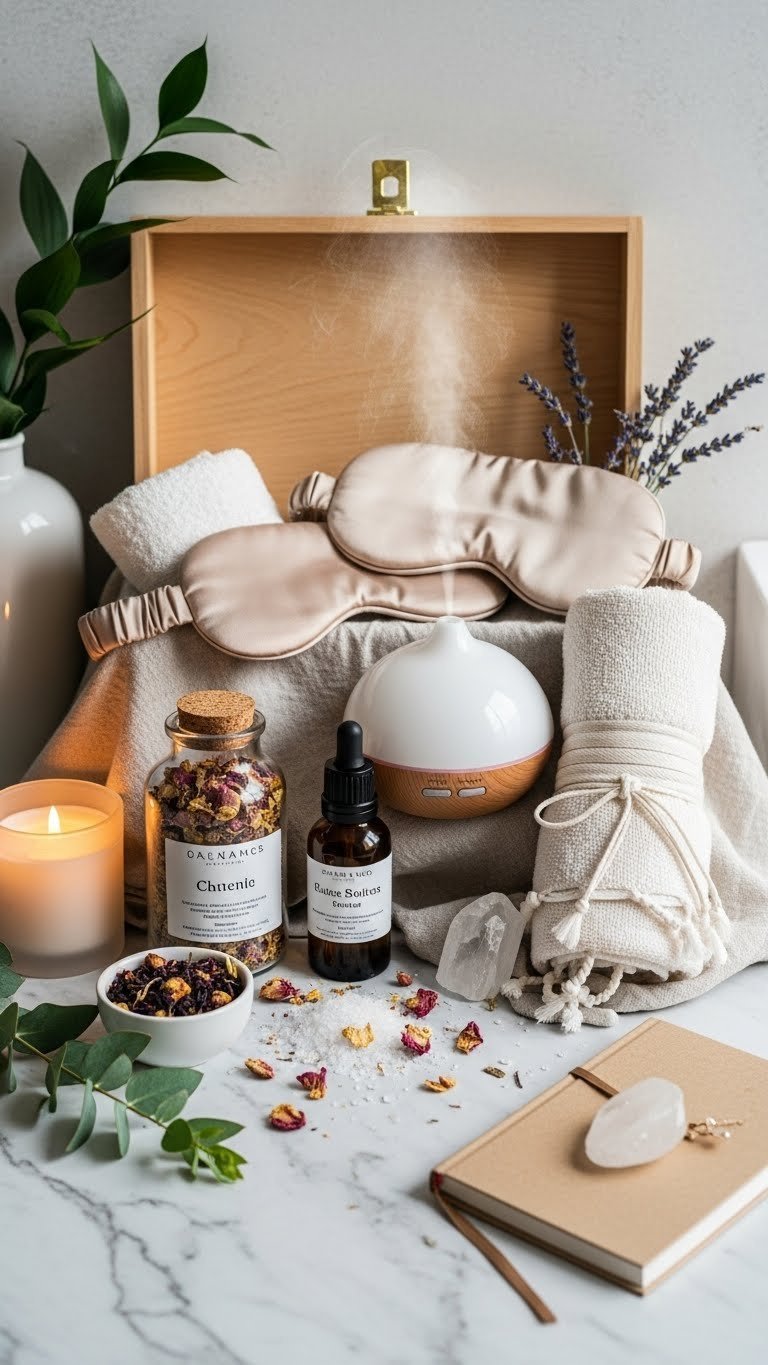 Luxury wellness kit with essential oil diffuser, silk eye mask, bath salts, and Turkish towel arranged on marble countertop