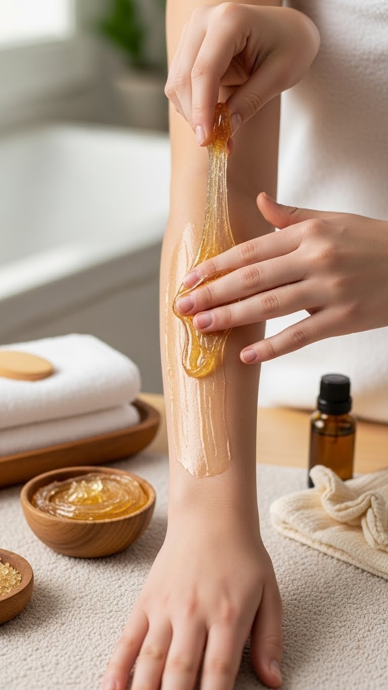 Macro detail of amber sugaring paste being applied to teen's skin on light-colored towel in spa setting