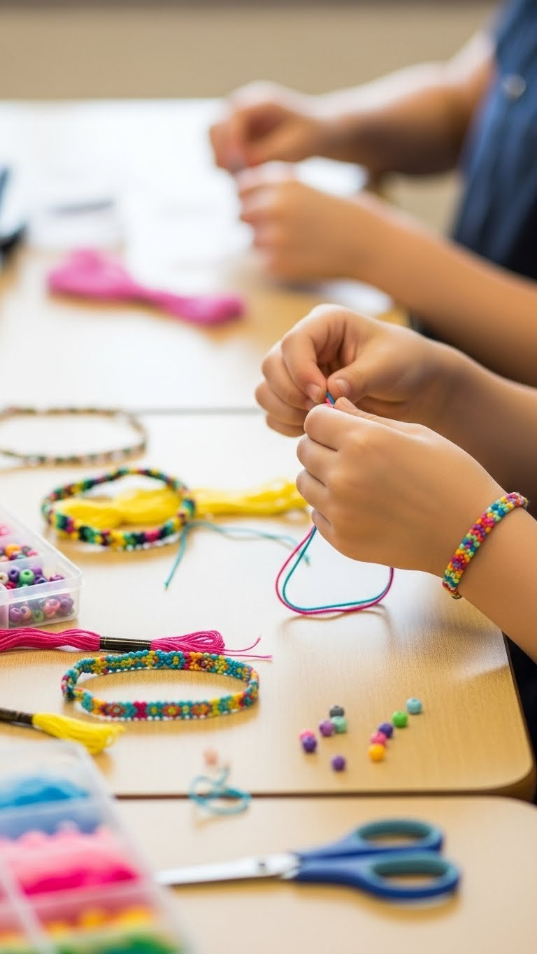 Macro detail of children's hands weaving colorful embroidery floss for DIY friendship bracelets on wooden desk