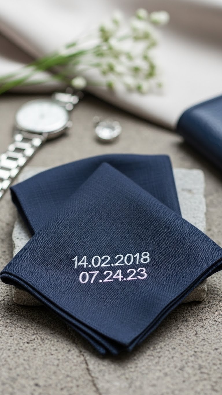 Macro detail of embroidered date on dark blue linen handkerchief with fine white thread stitching on stone surface