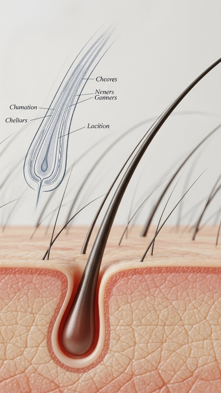 Macro detail of healthy skin with fine hair follicles and subtle scientific diagram overlay on neutral backdrop