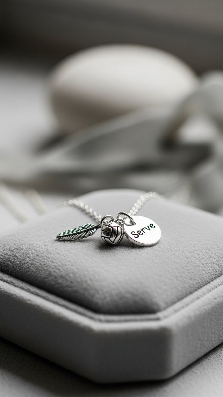 Macro detail of silver volleyball necklace charm with inspirational word engraved on velvet jewelry surface