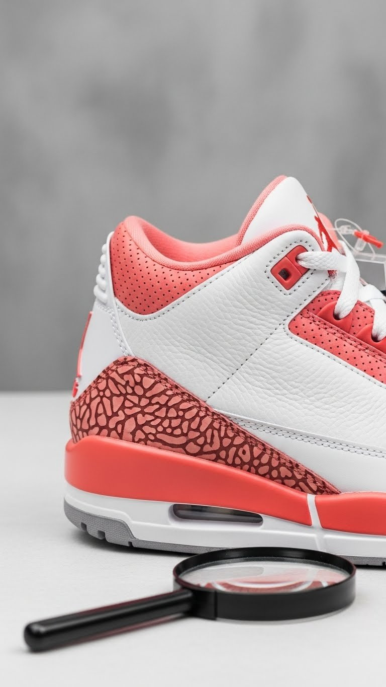 Macro detail shot of Jordan 3 sneaker elephant print texture and washed coral leather craftsmanship