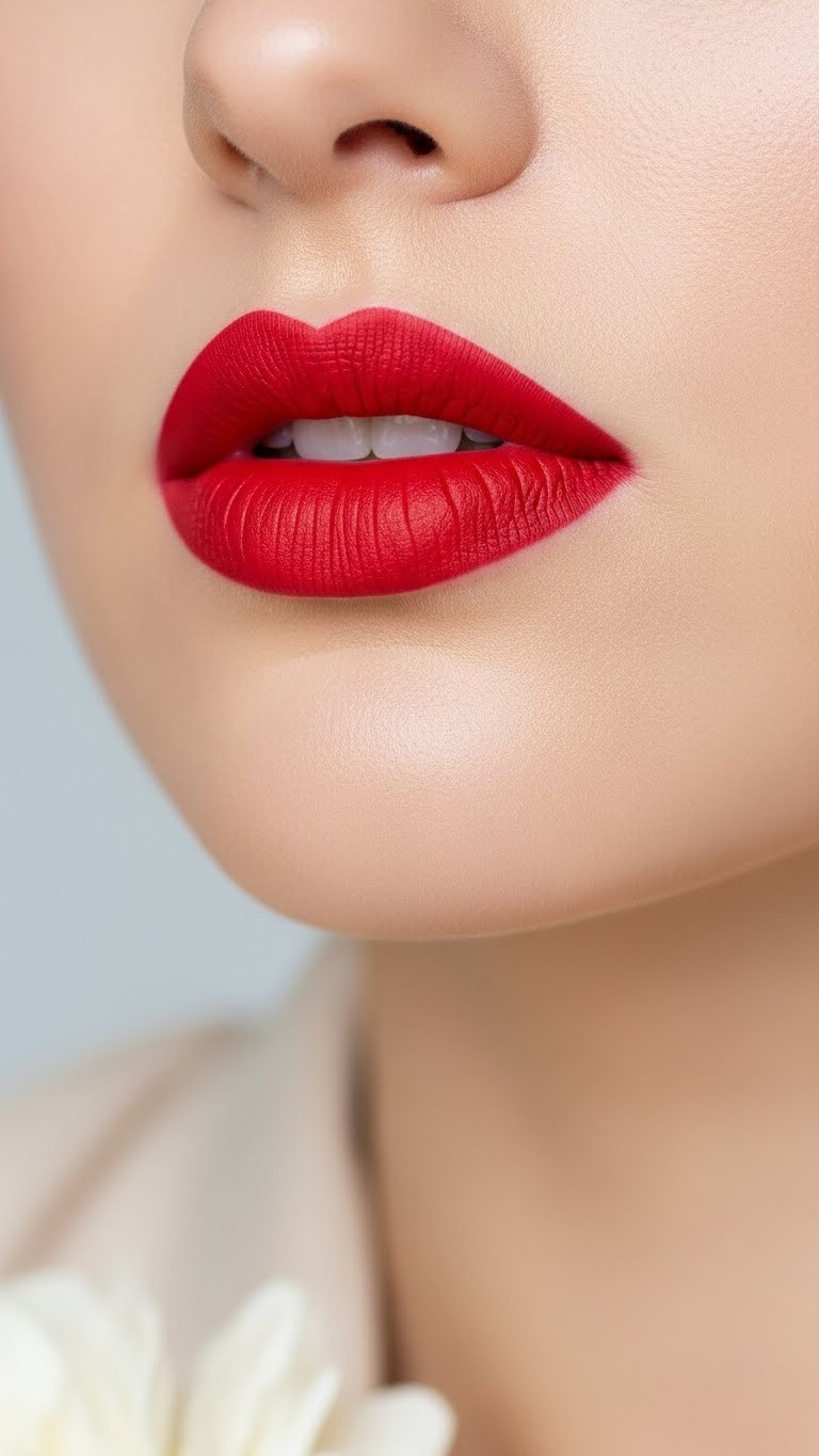 Macro detail shot of model's lips with bold matte red lipstick, crisp edges, and minimal eye makeup against neutral background