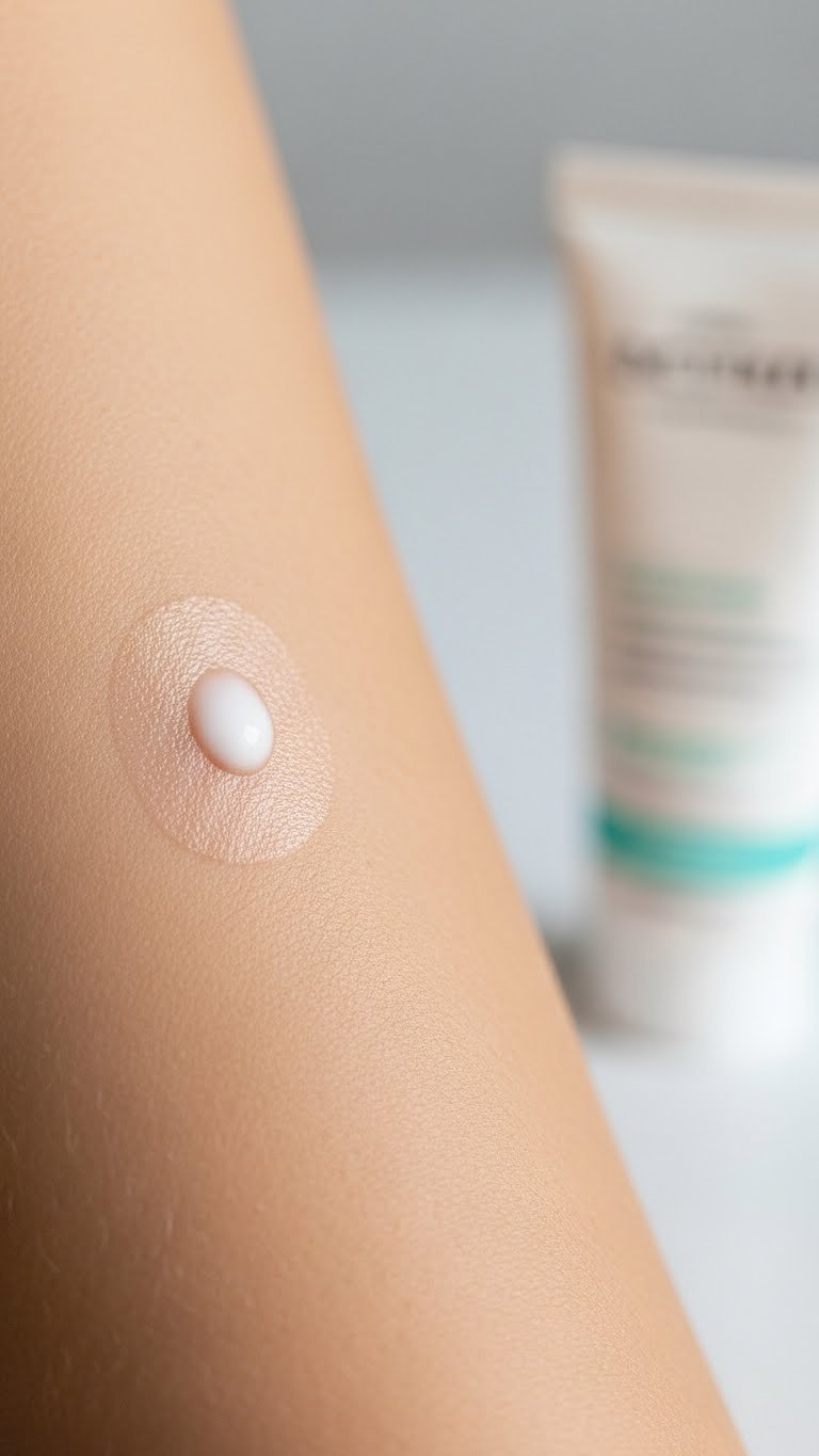 Macro photo of discreet patch test with white cream on clean skin for intimate hair removal preparation