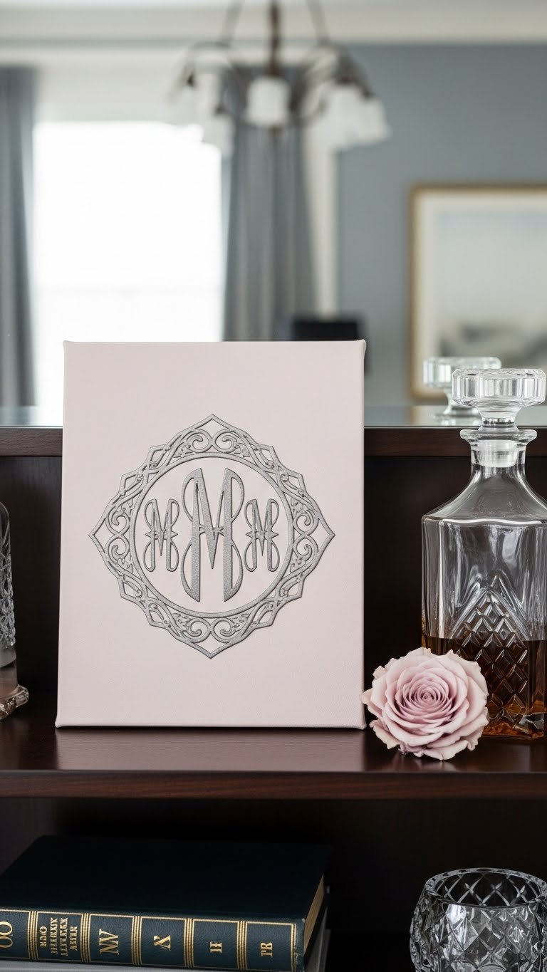 Macro shot of elegant monogrammed canvas with metallic finish on dark wooden shelf