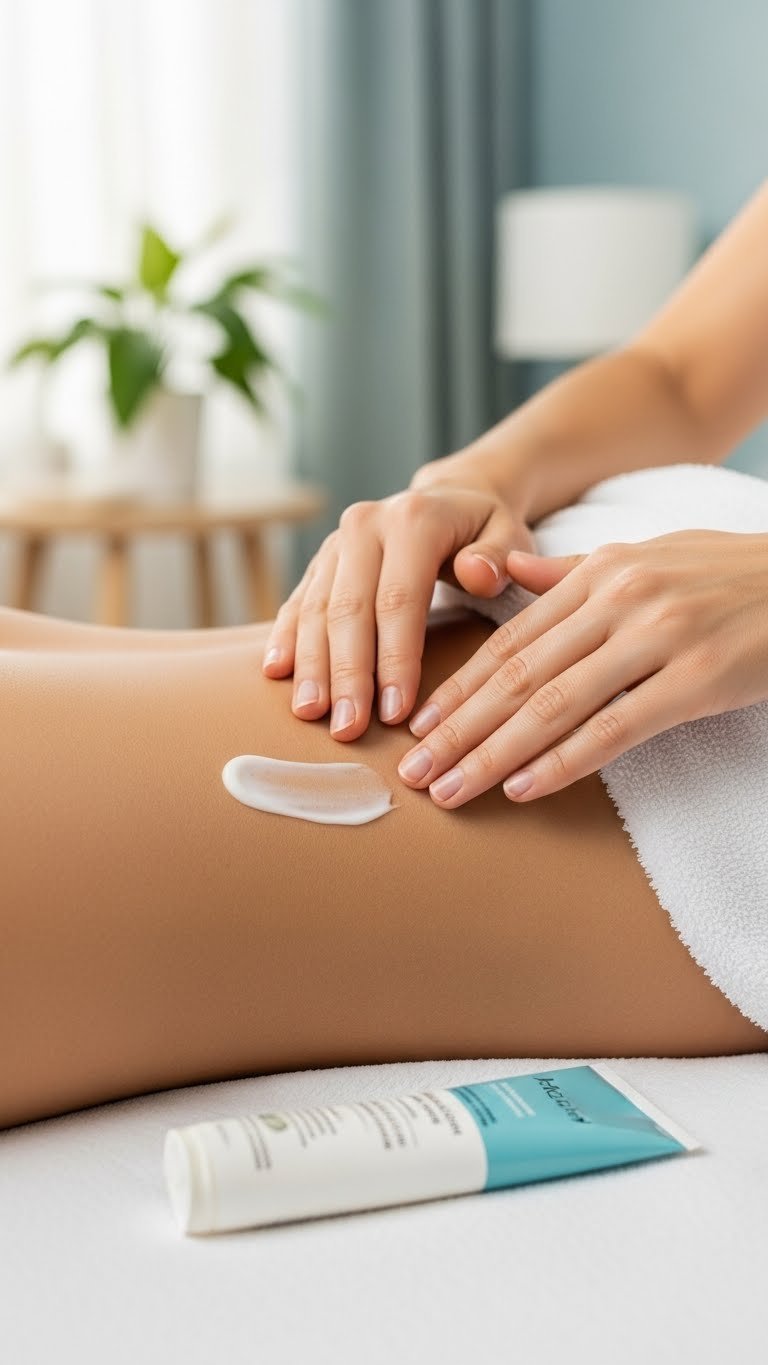 Macro shot of freshly hair-free skin with soothing lotion being gently massaged in