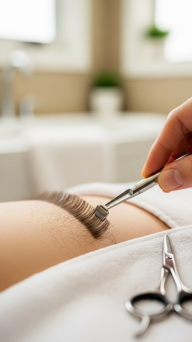 Macro shot of neatly trimmed pubic hair with precision trimmer tool on white towel background