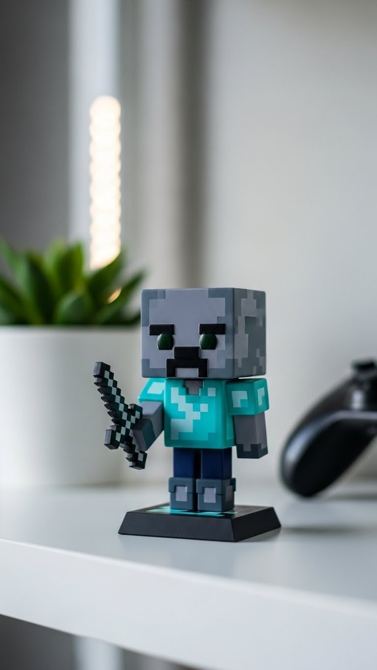 Macro shot of rare Minecraft collectible figure on minimalist shelf with soft window lighting and gaming setup background.