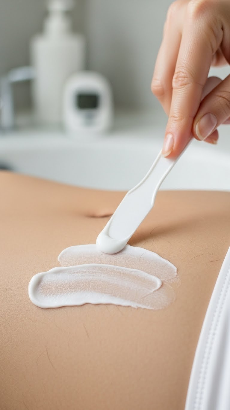Macro shot showing smooth application of white hair removal cream on bikini line skin