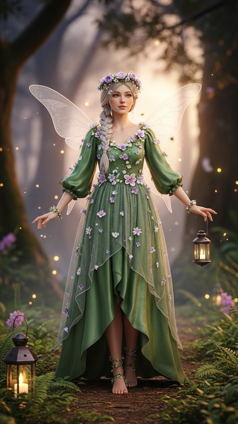Magical virtual avatar in iridescent fairy gown with butterfly wings posing gracefully in enchanted forest