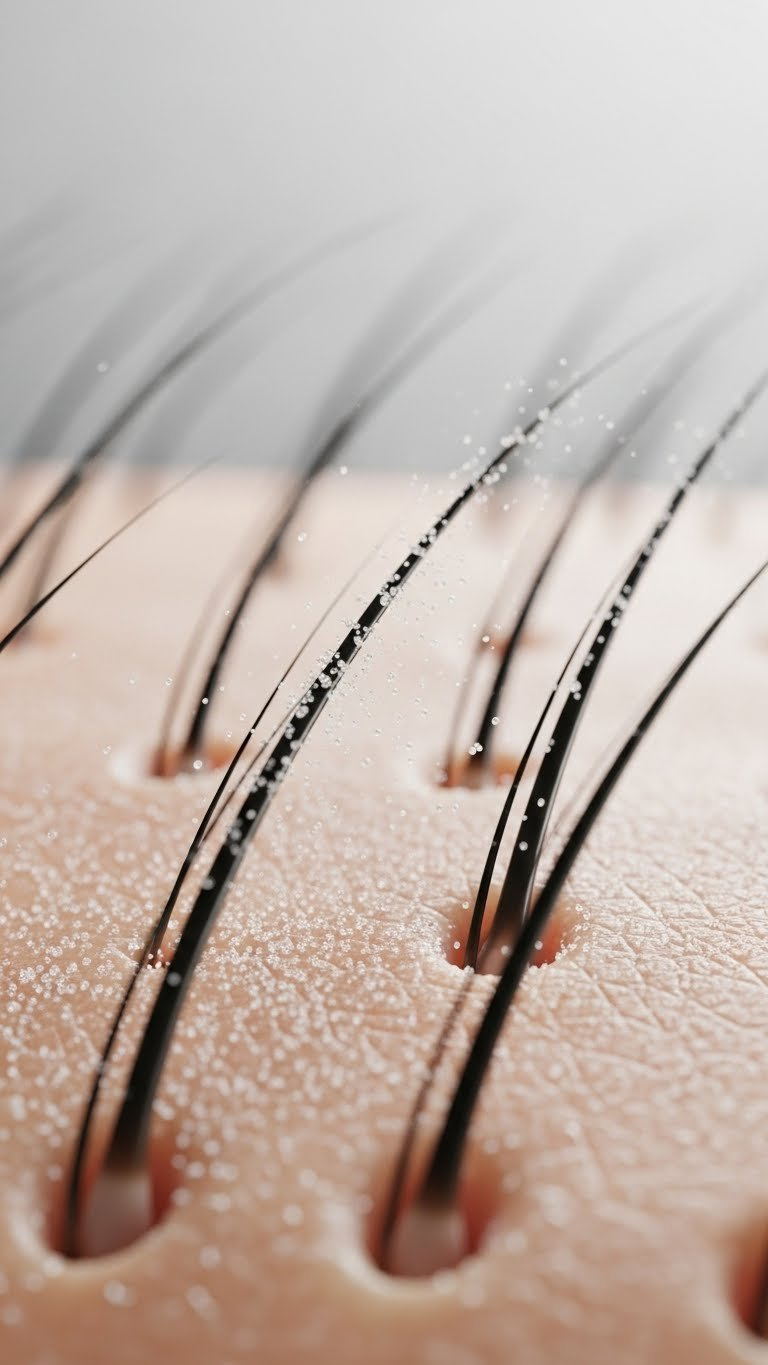 Magnified skin view showing hair follicles with baking soda particles scattered on surface in natural daylight
