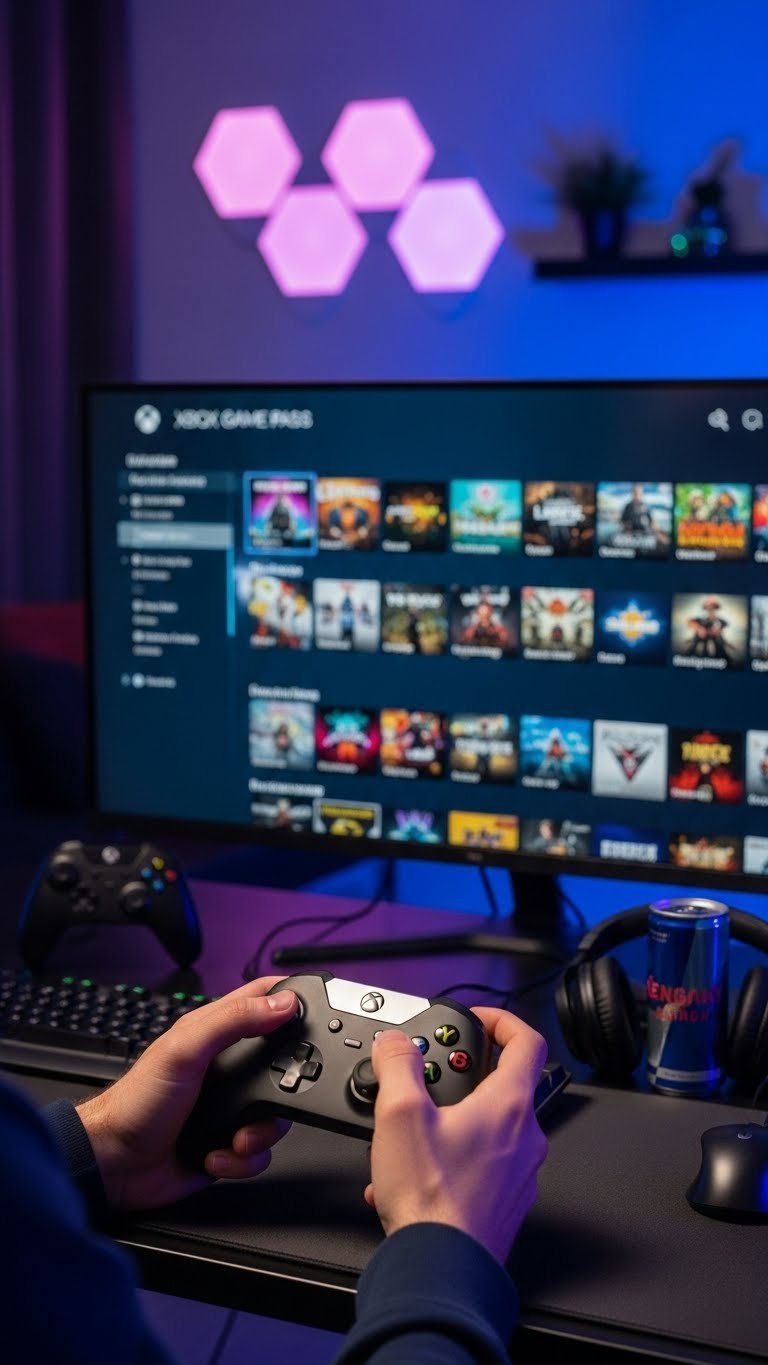 Male hands holding modern game controller with TV screen showing vibrant game selection menu in minimalist gaming setup