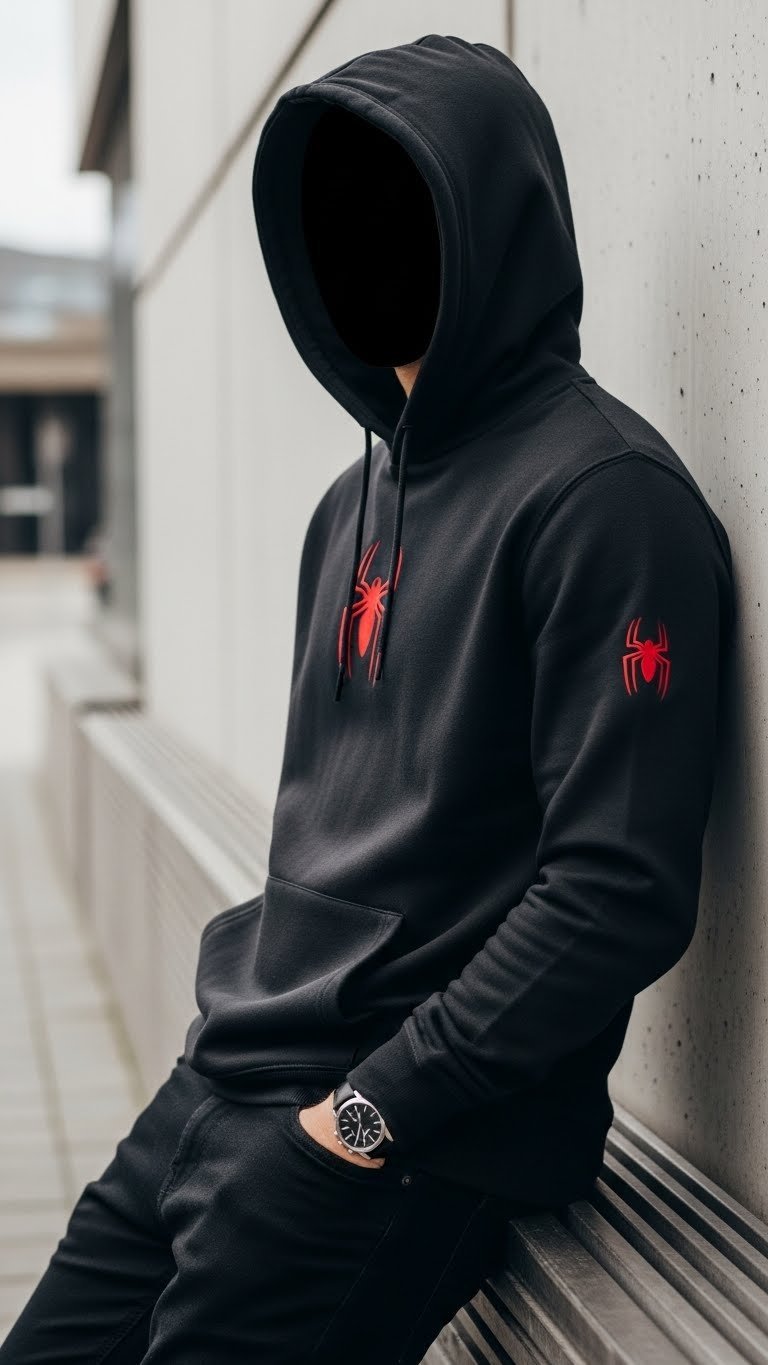 Male model wearing dark Spiderman hoodie with embroidered chest logo in urban street setting