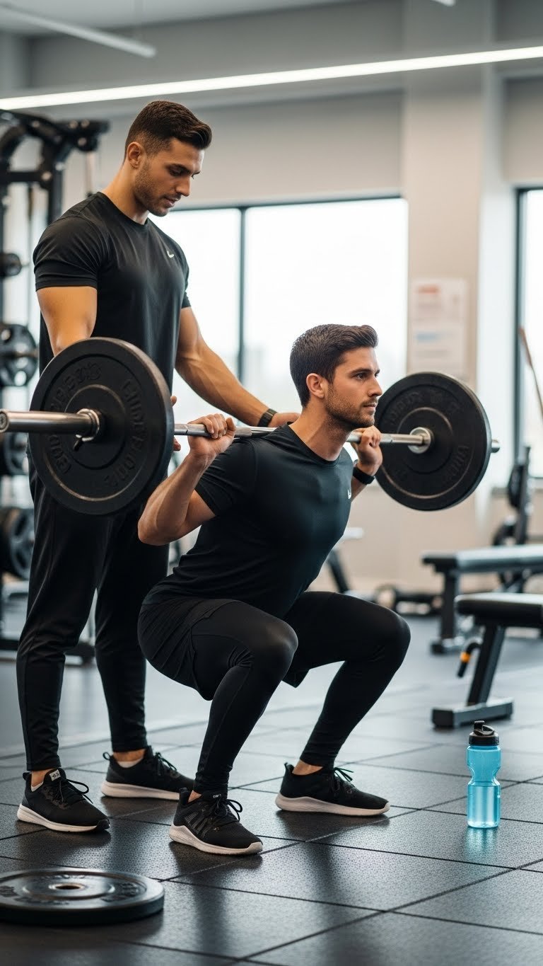 Male performing barbell squat with personal trainer watching in modern gym with dynamic lighting