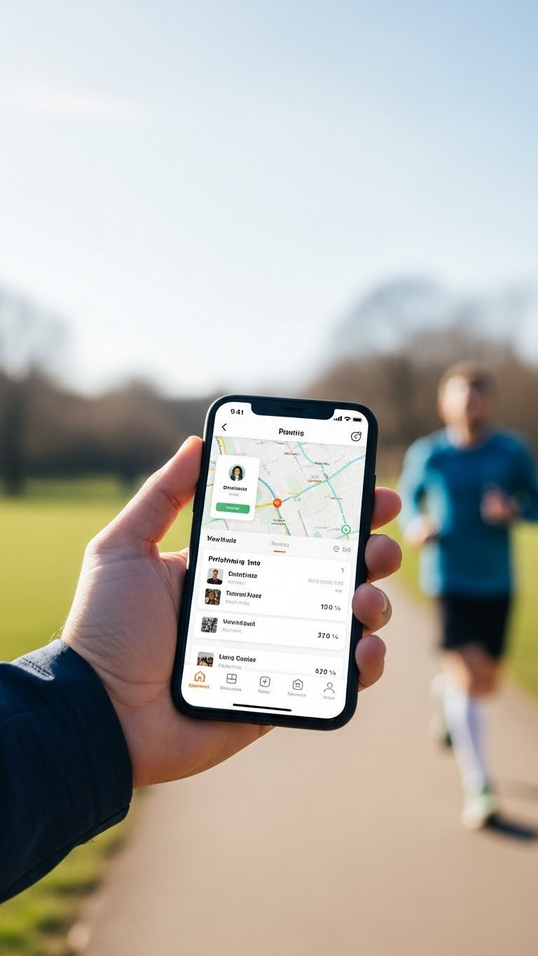 Male runner holding smartphone displaying running app interface with blurred park path background.