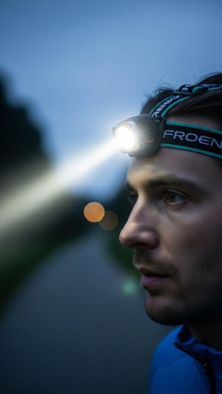 Male runner wearing powerful headlamp casting beam on dimly lit forest trail during dusk or dawn.