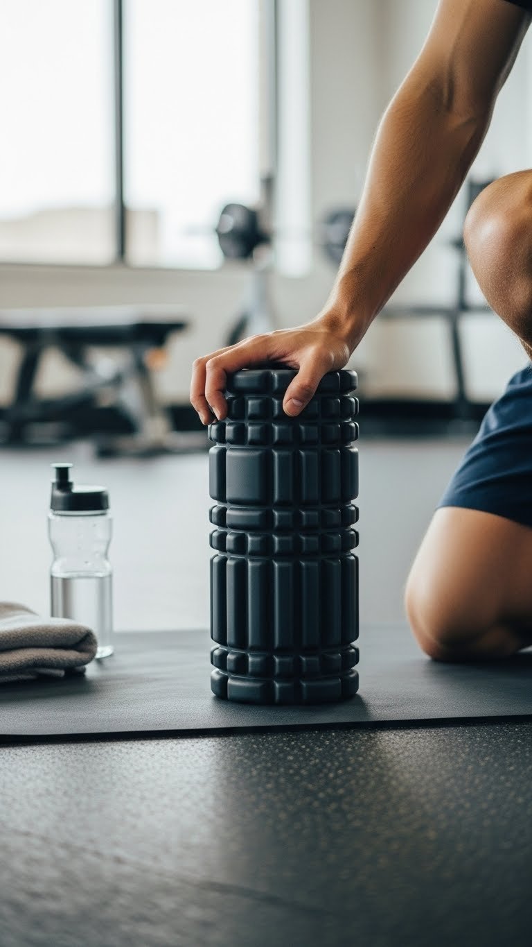 Male runner's hand reaching for a textured foam roller on a clean gym mat with soft bokeh background.