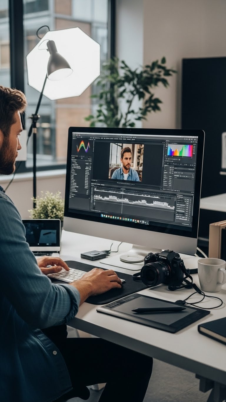 Man focused on digital photography editing software interface with professional camera equipment