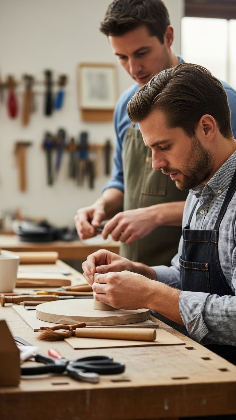 Man focused on hands-on workshop activity crafting pottery or leather goods on wooden workbench with instructor