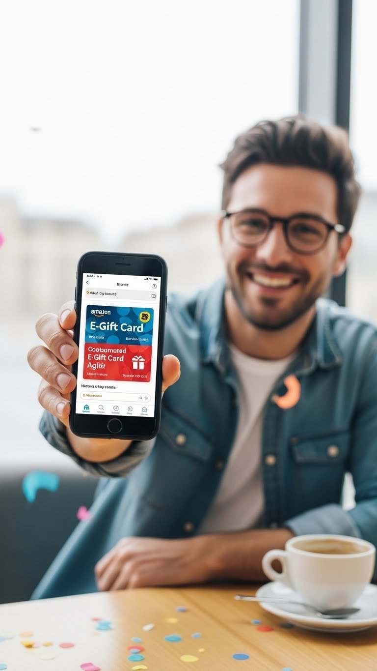 Man holding smartphone displaying colorful e-gift card confirmation with joyful expression