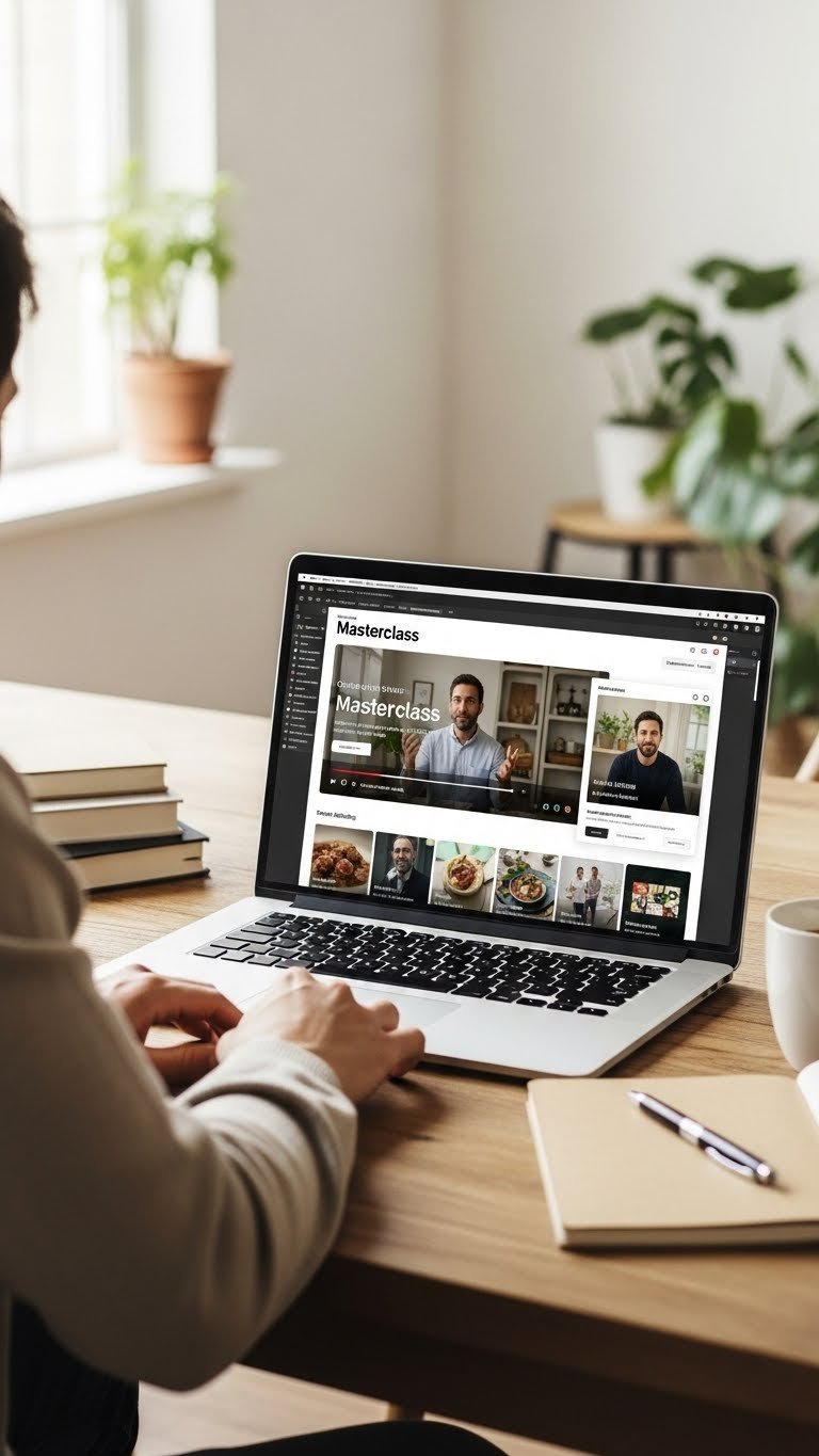 Man intently watching laptop screen displaying online masterclass in cozy home office setting