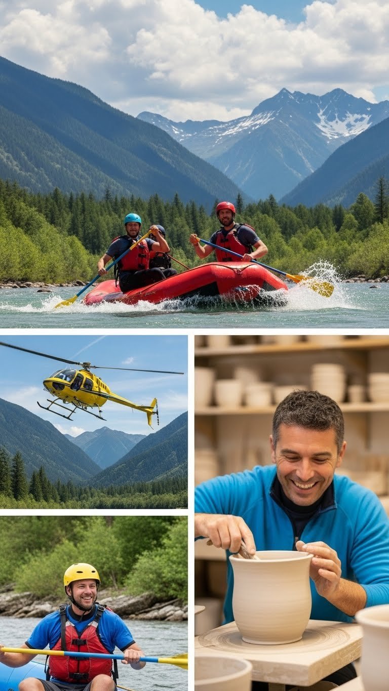 Man navigating white-water raft down scenic river during thrilling outdoor adventure experience gift activity.