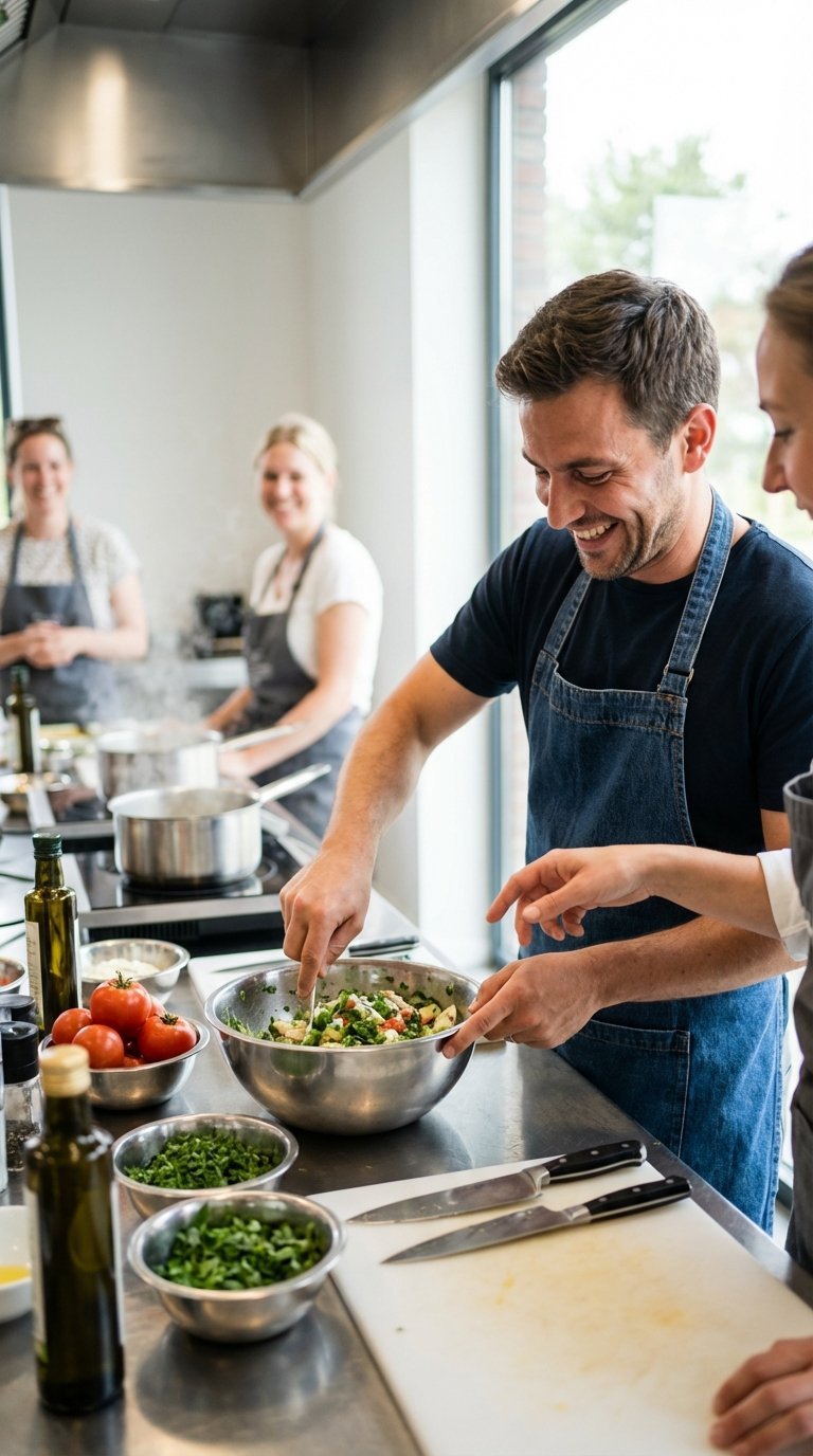 Man participating in cooking class with fresh ingredients and professional utensils in modern kitchen studio