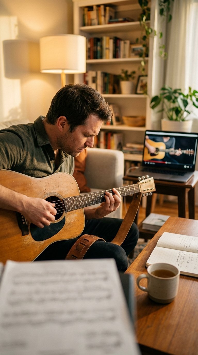 Man playing acoustic guitar with sheet music and online lesson in cozy living room with warm golden hour lighting