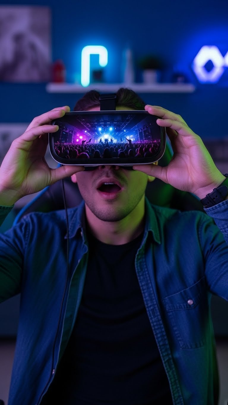 Man wearing VR goggles with amazed expression experiencing immersive virtual reality environment