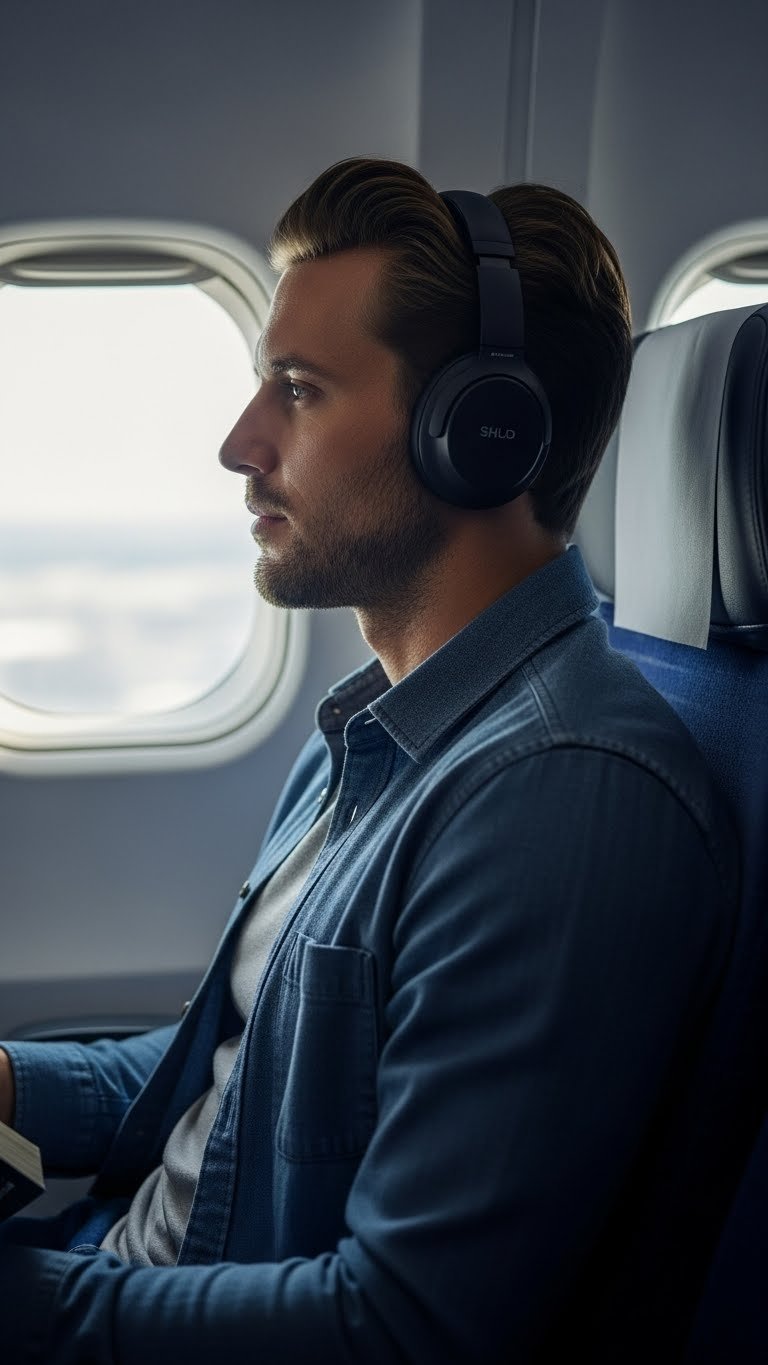 Man wearing black noise-canceling headphones with serene expression during travel with blurred airplane window background