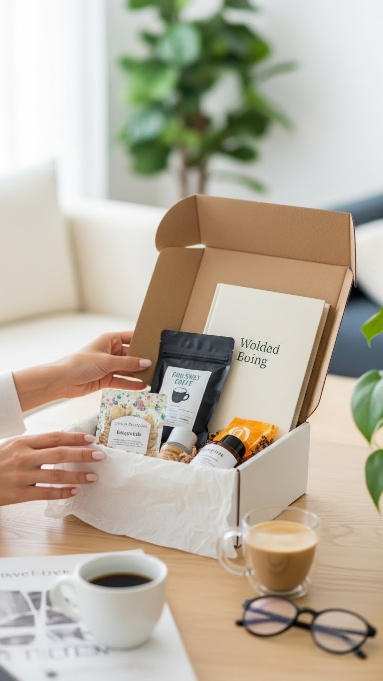 Manicured hands opening subscription box revealing craft kit, gourmet coffee bag, and book nestled in tissue paper.