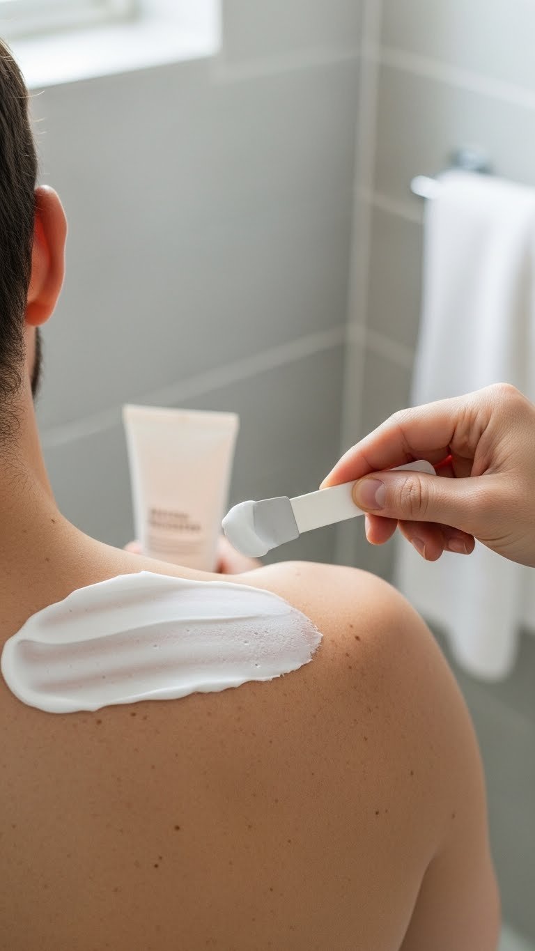 Man's chest with white hair removal cream being evenly spread using specialized spatula on neutral bathroom background