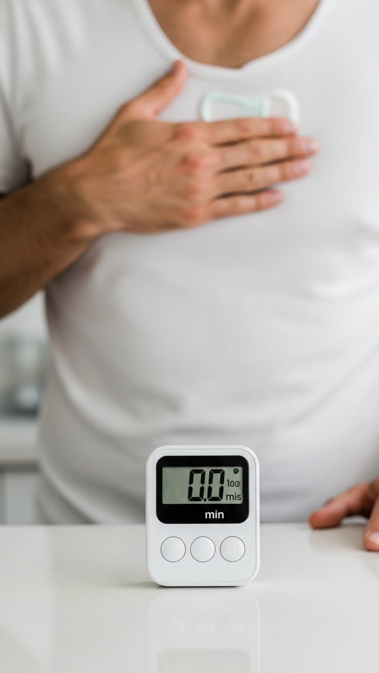 Man's hand checking hair removal cream patch on chest with digital timer displayed on clean countertop