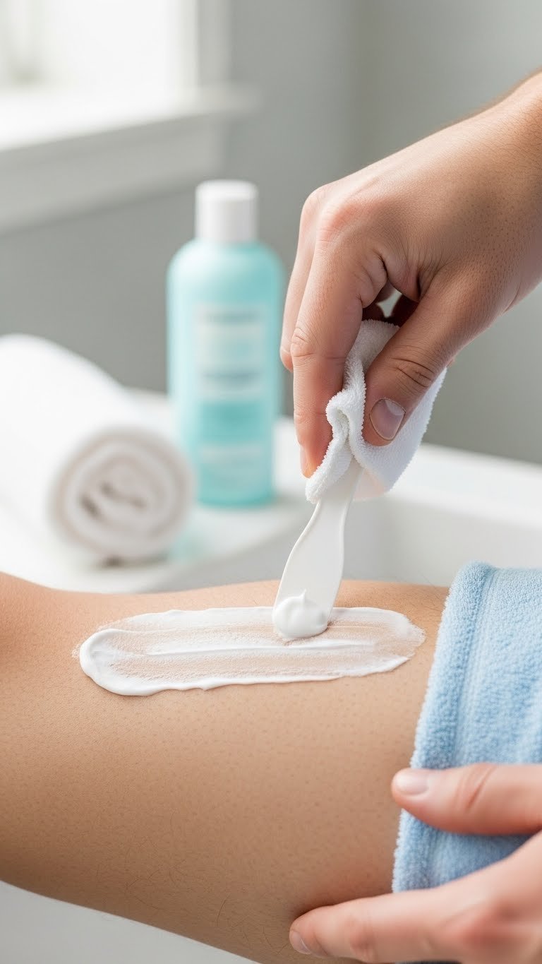 Man's hand gently removing white hair removal cream from leg skin revealing smooth depilated surface