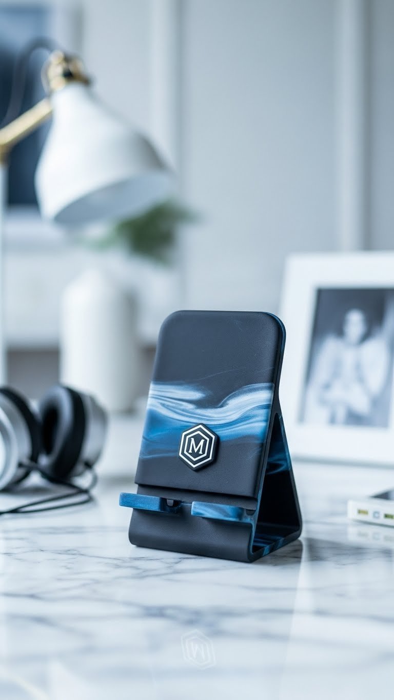 Marbled polymer clay phone stand holding smartphone in landscape orientation on marble countertop.