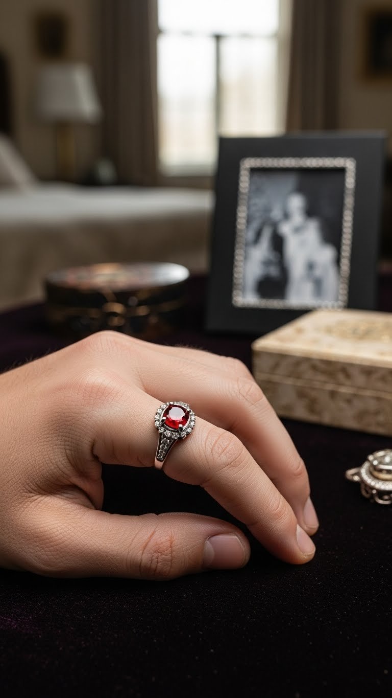Masculine birthstone ring featuring deep blue sapphire in sterling silver with soft natural window lighting