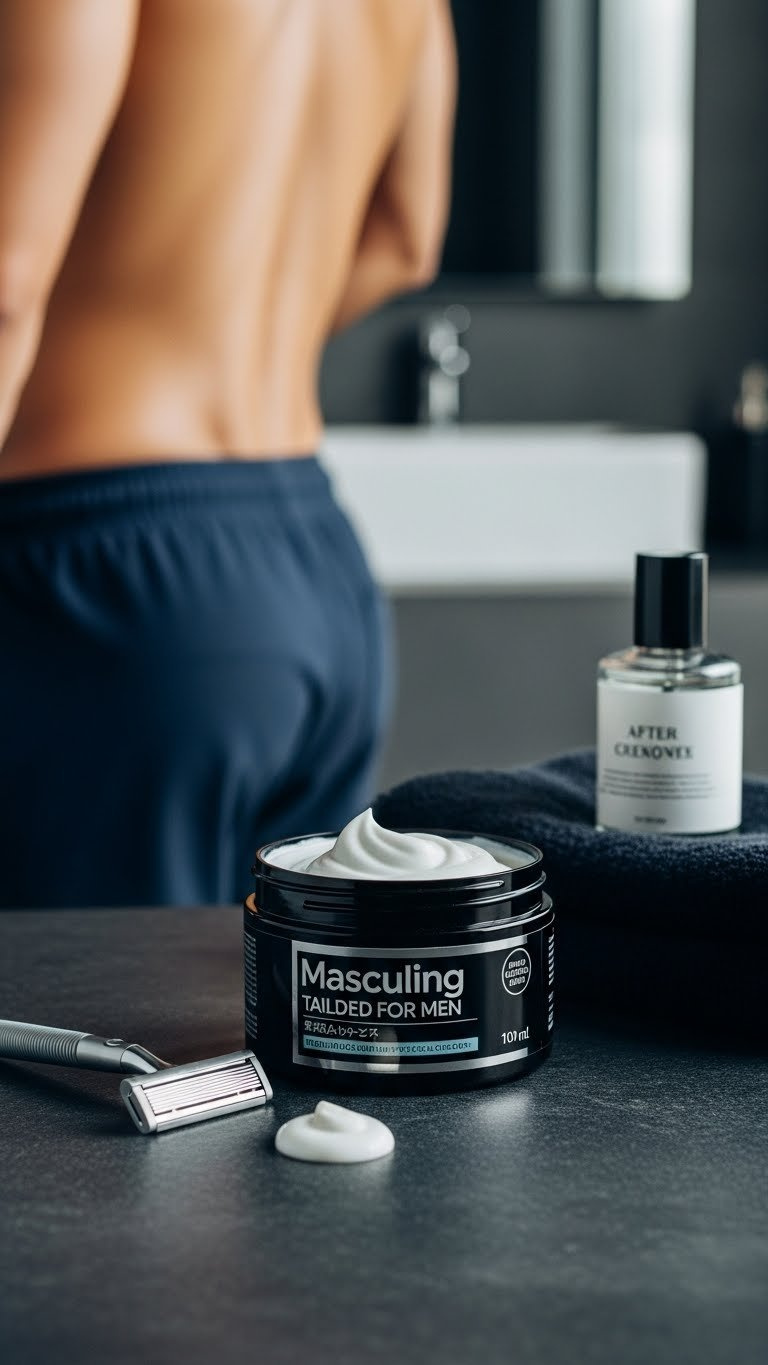 Masculine-designed Japanese hair removal cream for men on dark stone surface with male torso background