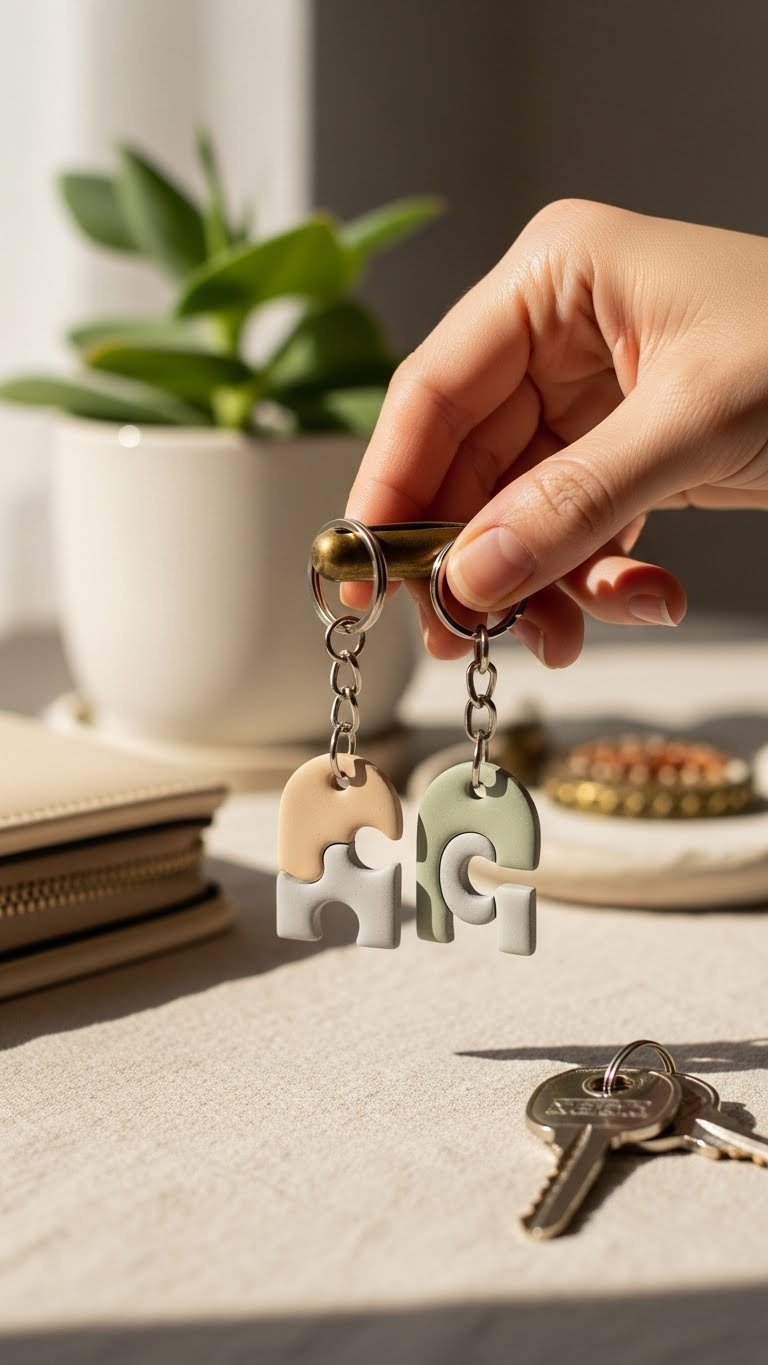 Matching air dry clay keychains with puzzle piece designs on silver rings resting on linen tablecloth.