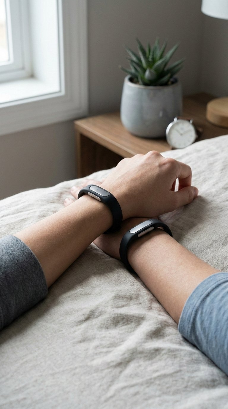 Matching couple bracelets on wrists touching against soft neutral fabric background with minimalist styling