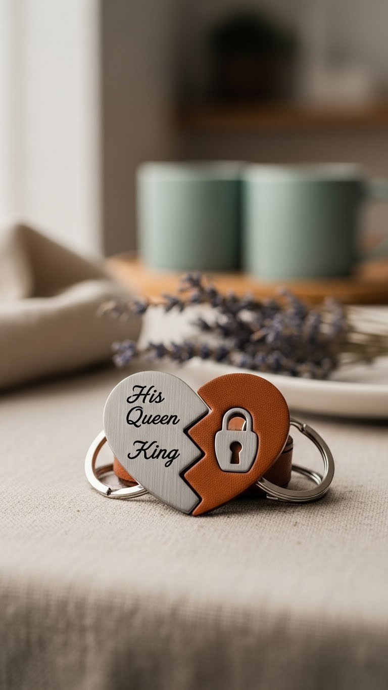 Matching couple keychain set with interlocking puzzle pieces on linen tablecloth with coffee mugs in blurred background.
